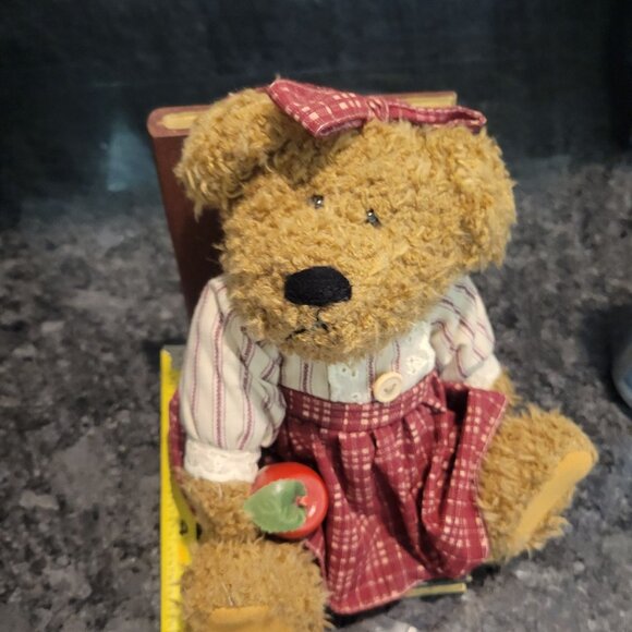Vintage Teddy Bear Bookend - Red Gingham Dress & Bow Holding an Apple - Picture 10 of 16